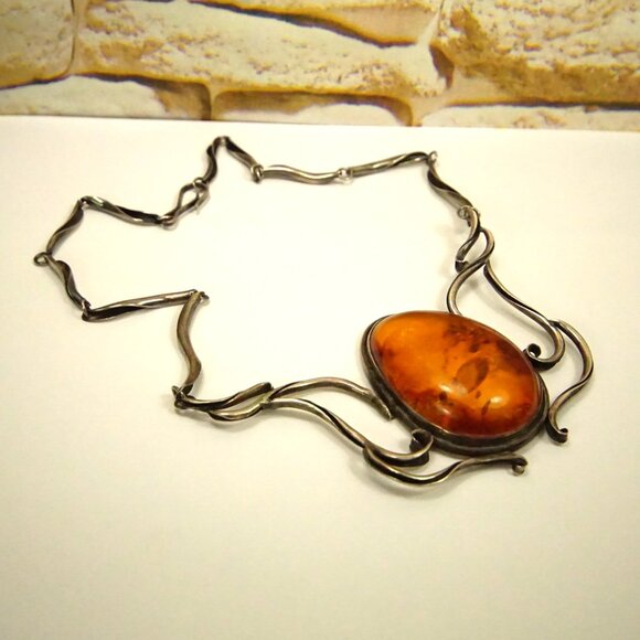 Giant Amber & 925 Sterling Silver Link Necklace - Rare Gift For Women - Picture 4 of 10